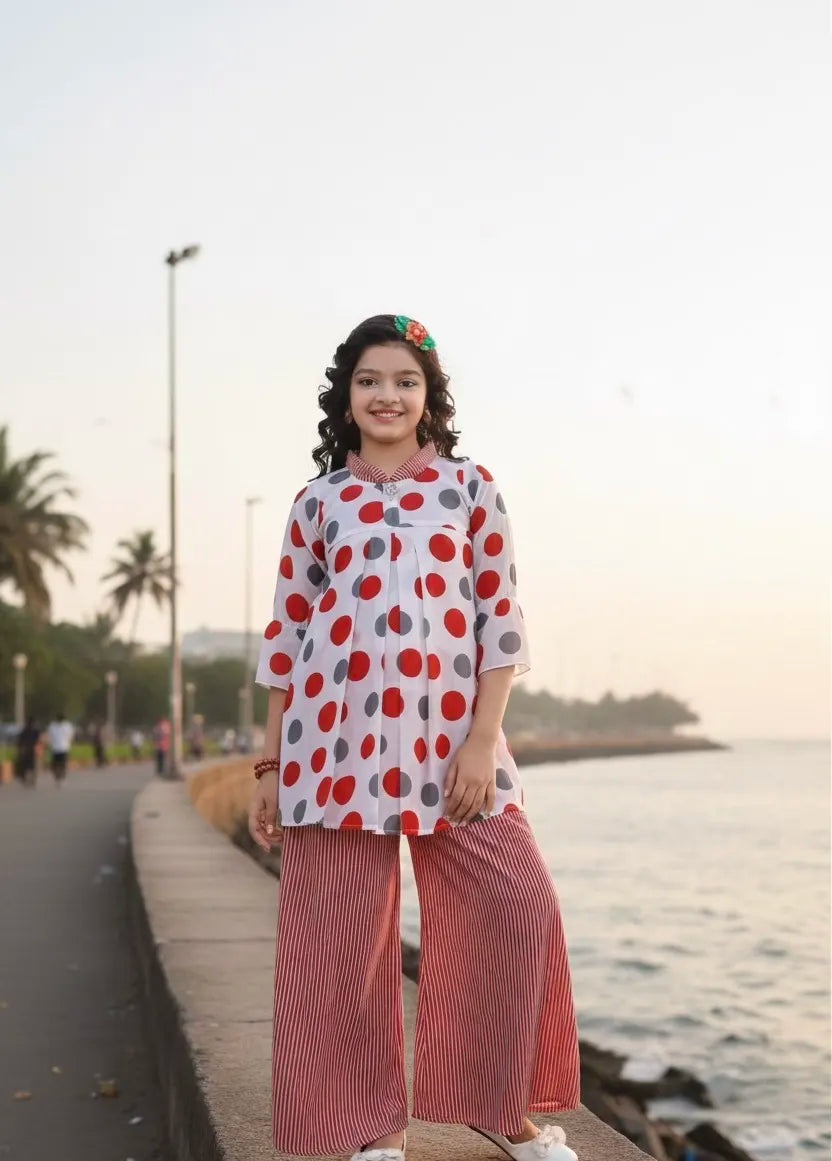 Chic Polka Dot Georgette Tunic & Palazzos Set