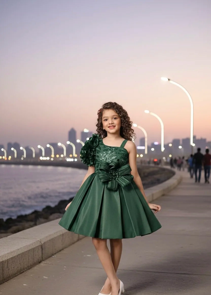 One-Shoulder Floral Appliqué Party Dress for Girls