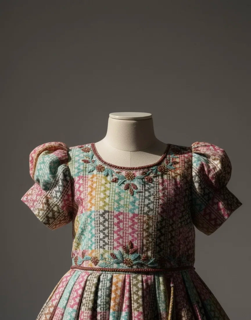 Product Description: Whimsical Multicolour Printed Kids' Gown with Zardosi Work