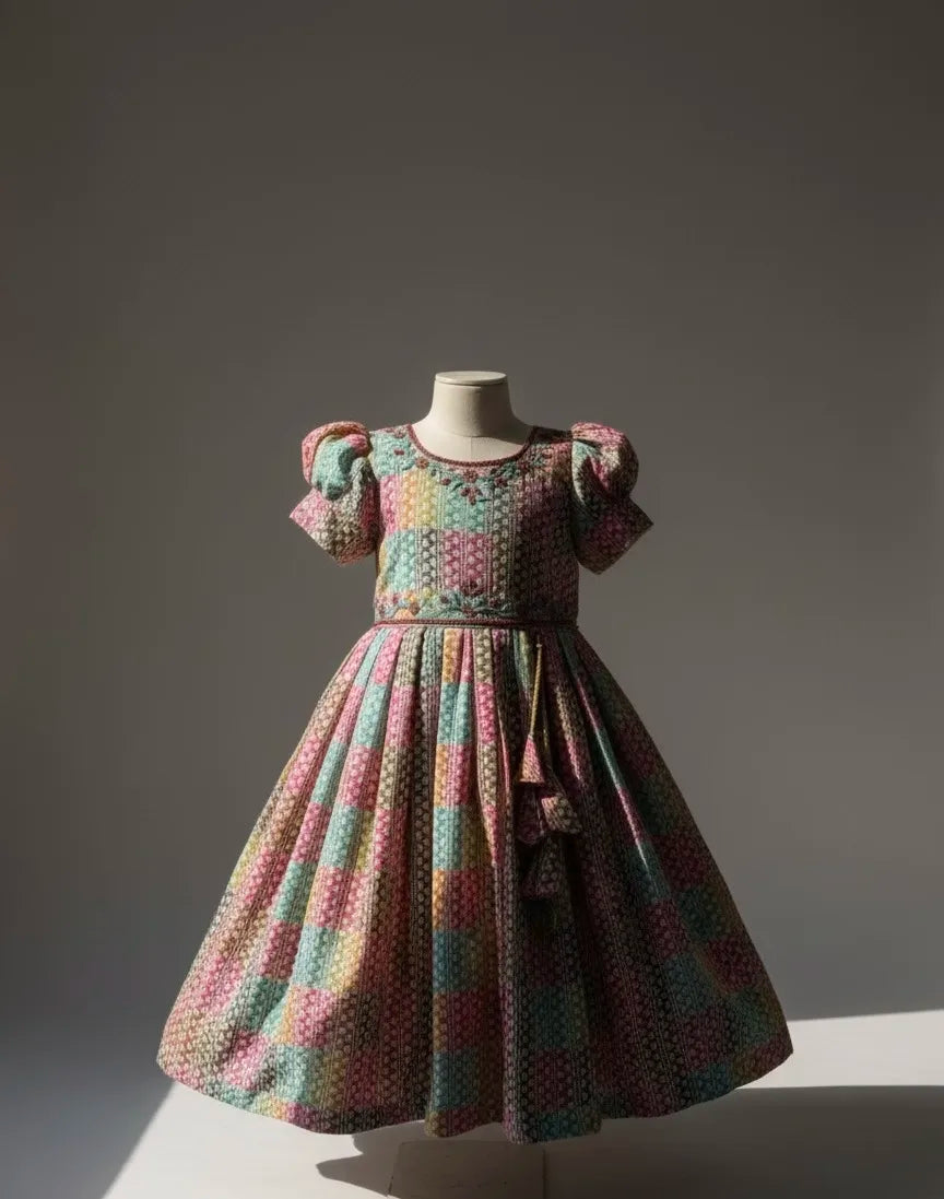 Product Description: Whimsical Multicolour Printed Kids' Gown with Zardosi Work