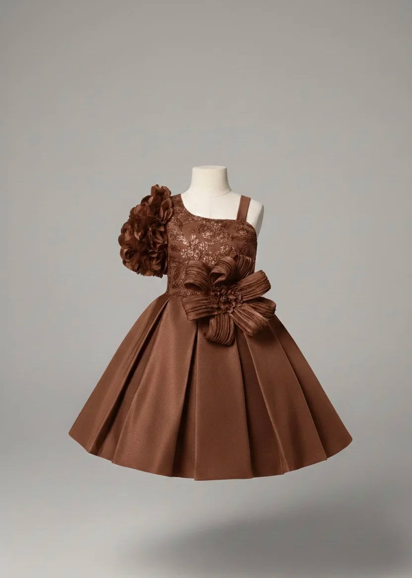 One-Shoulder Floral Appliqué Party Dress for Girls