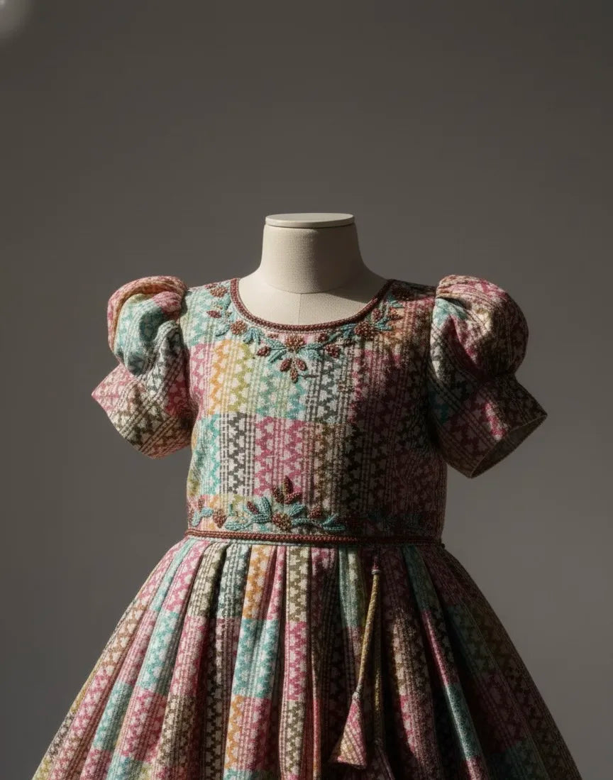 Product Description: Whimsical Multicolour Printed Kids' Gown with Zardosi Work