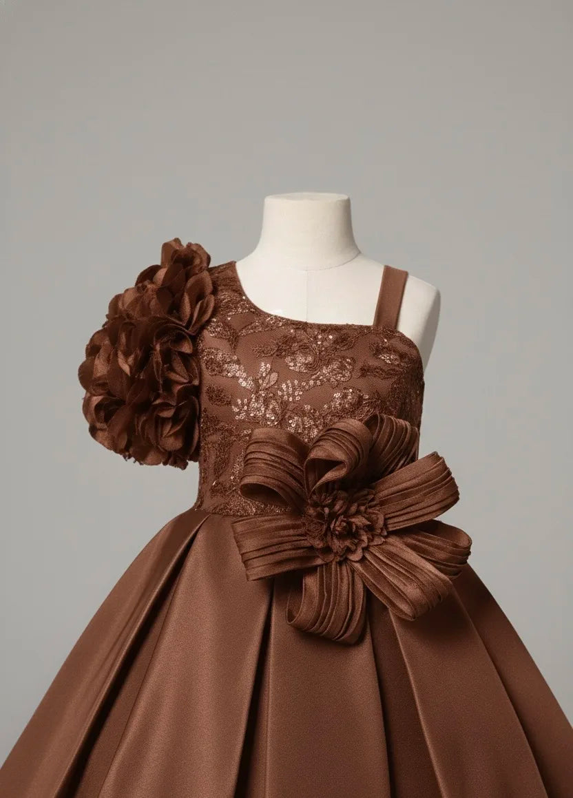 One-Shoulder Floral Appliqué Party Dress for Girls